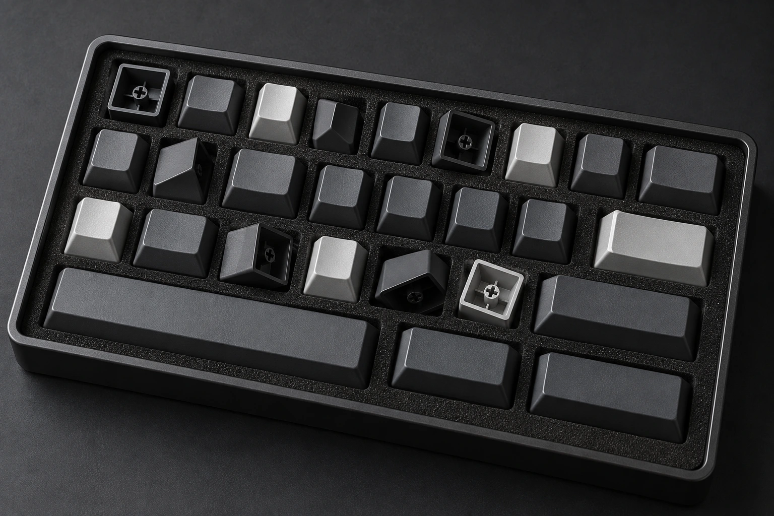 Sculpted graphite PBT keycaps with a fine tactile surface
