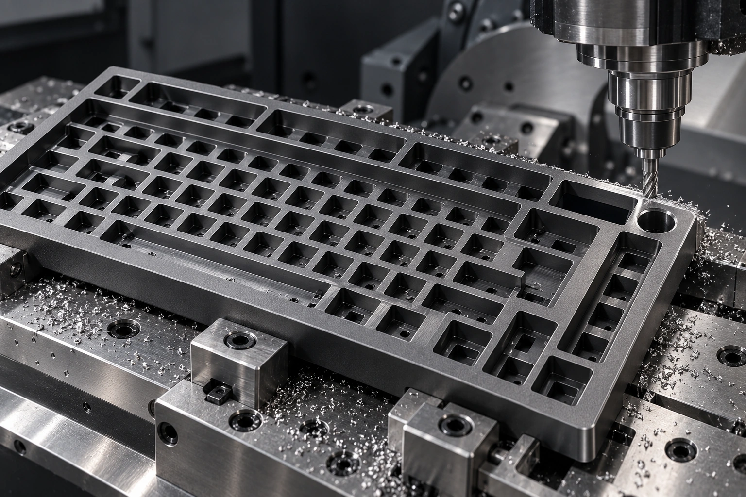 A CNC cutting tool machining an aluminum keyboard chassis
